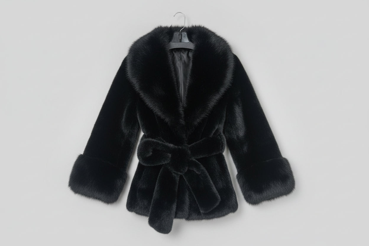 Black faux fur coat on a hanger against a light gray background
